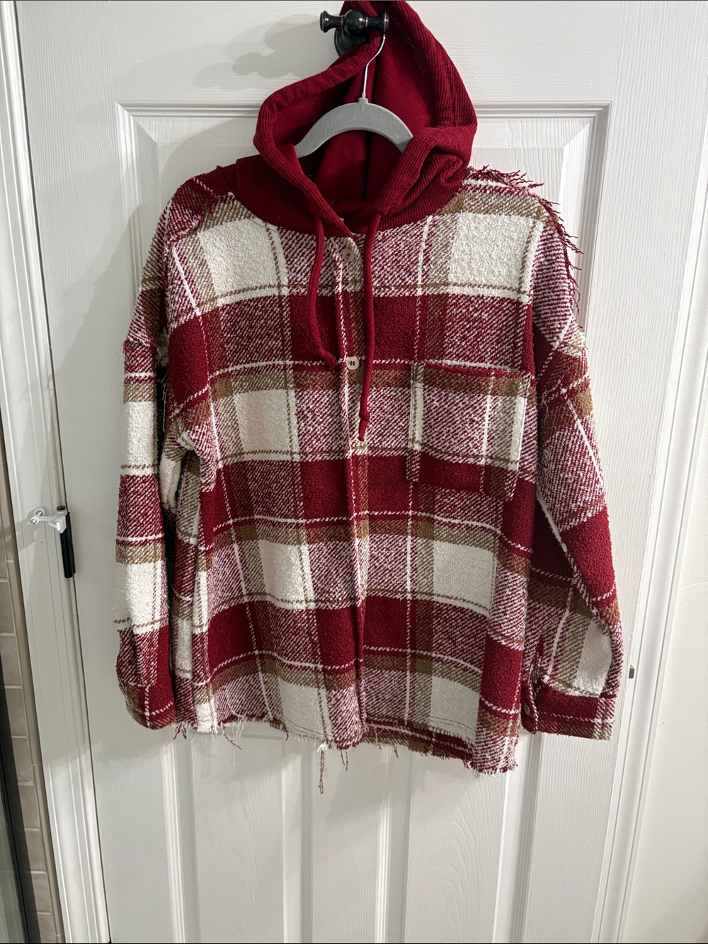 Women's Red Plaid Cowl Neck Pullover Sweater - Picture 1 of 2